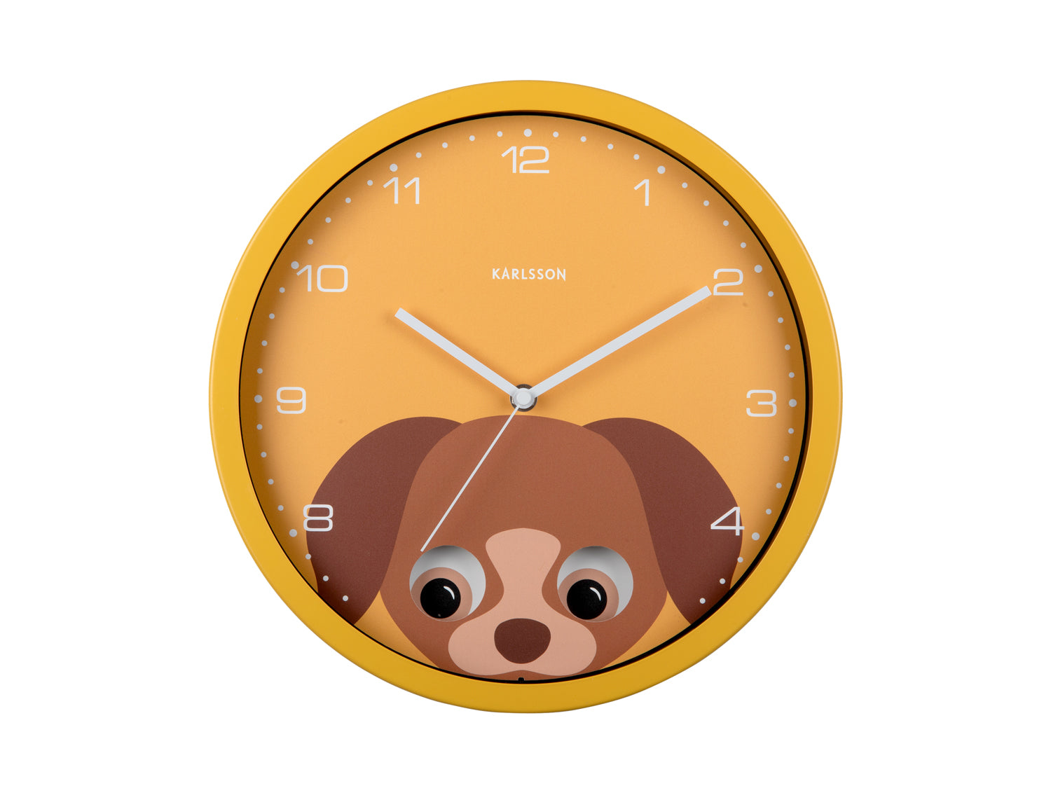 Horloge murale jaune avec motif de chien, museau marron et aiguilles argentées