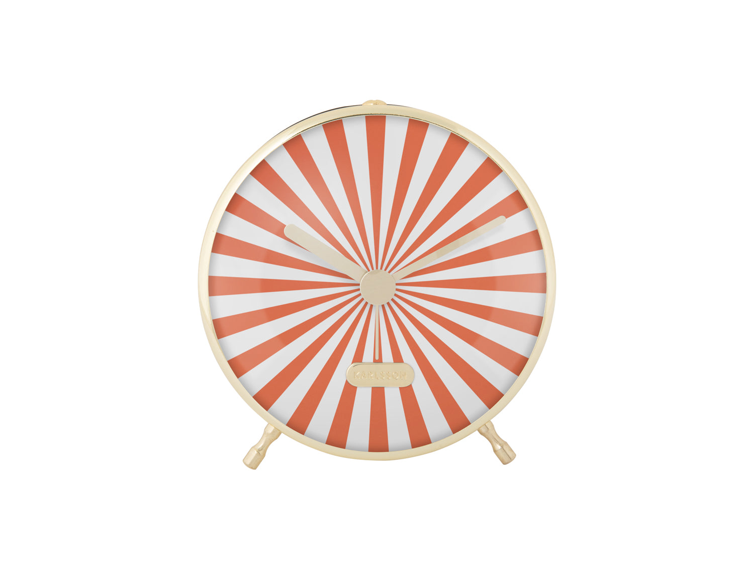 Réveil avec motif de rayons orange et blanc et cadre doré, sur pied