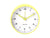 Réveil rond avec cadre jaune, cadran blanc et centre de l'horloge vert