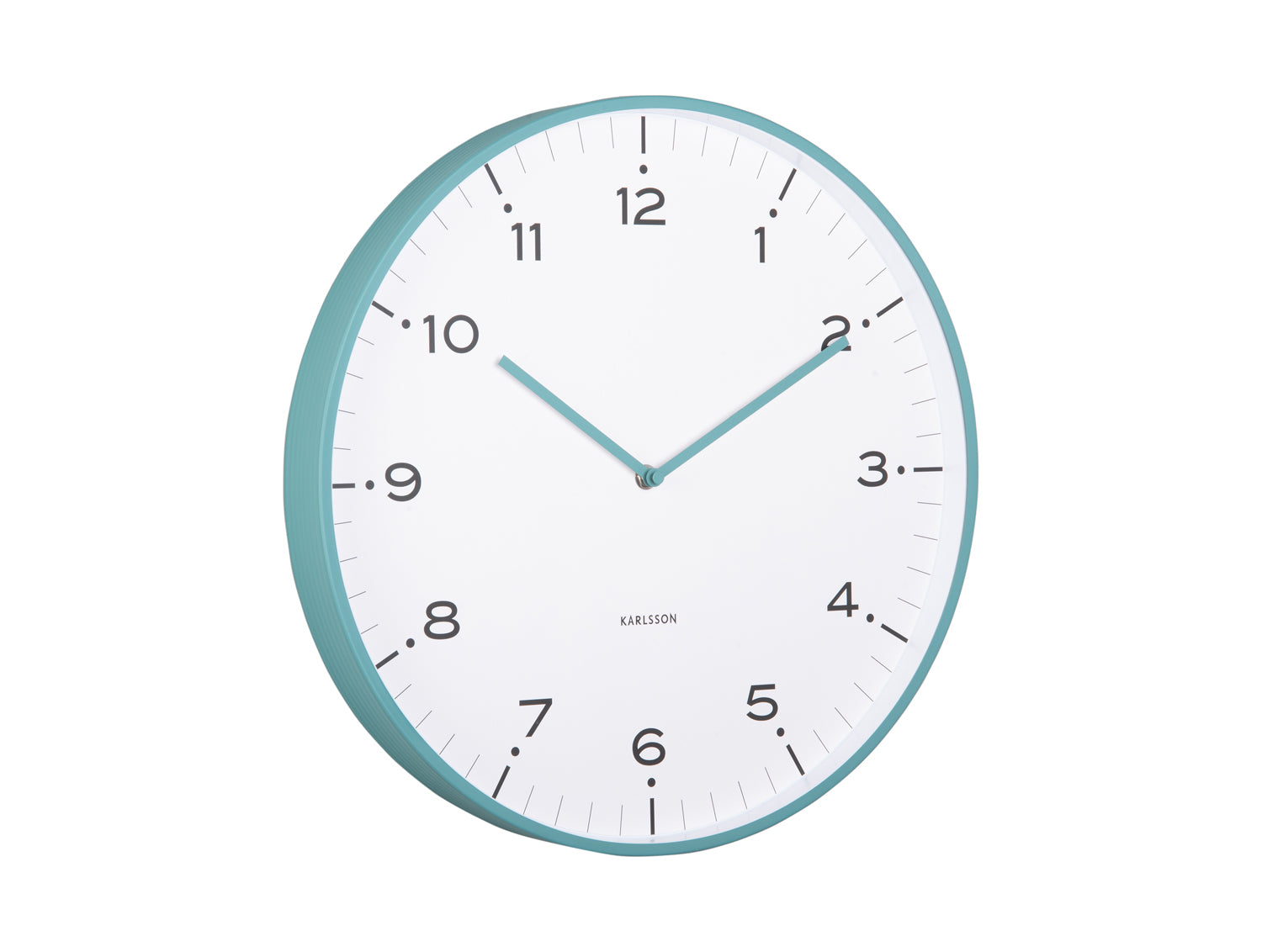 Horloge murale turquoise avec cadran blanc et aiguilles vertes