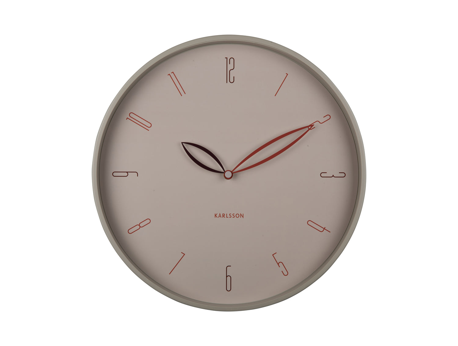 Horloge murale gris chaud avec aiguilles rouges et index bâtons, cadre rond