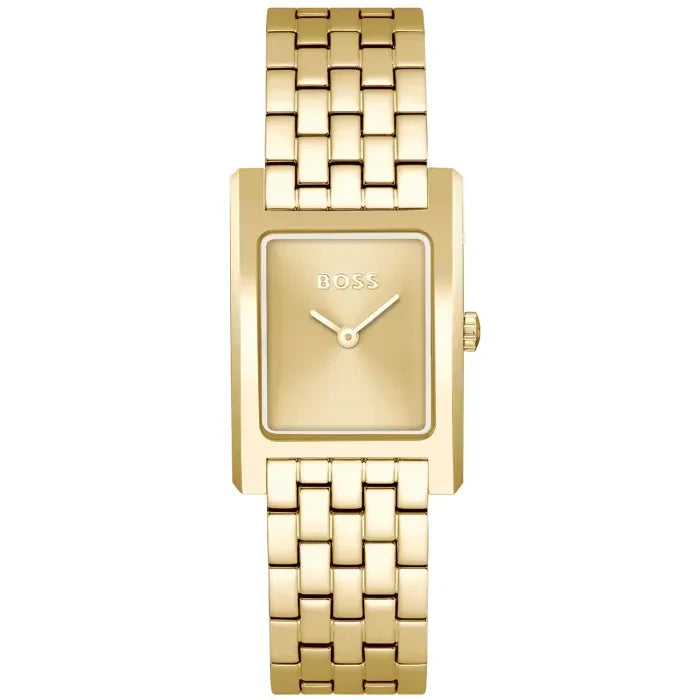 Goldfarbene BOSS Damenuhr mit rechteckigem Zifferblatt und Gliederarmband