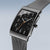 Herrenarmbanduhr mit schwarzem Zifferblatt, orangefarbenen Zeigern und Metallmaschenband