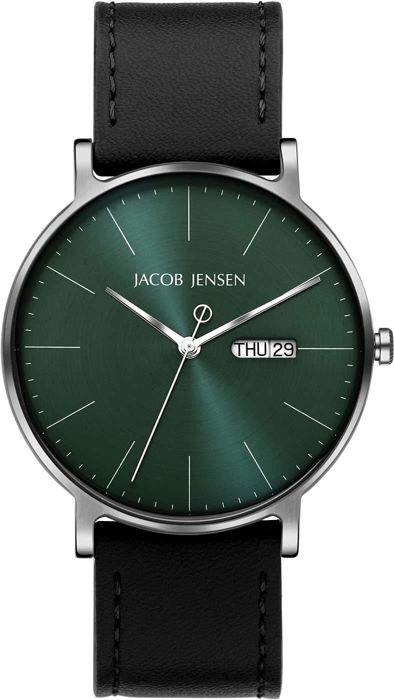 Montre homme Titan avec cadran vert et bracelet en cuir noir, boîtier argenté