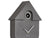 Horloge murale design maison, gris foncé métallisé, gros plan avec cadran et aiguilles.