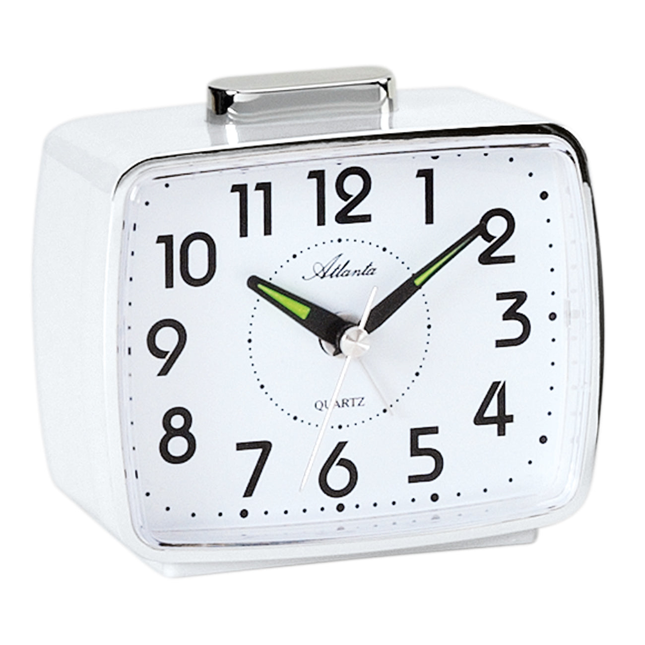 Réveil Atlanta avec cadran blanc et chiffres noirs, mouvement à quartz analogique, cadre argenté