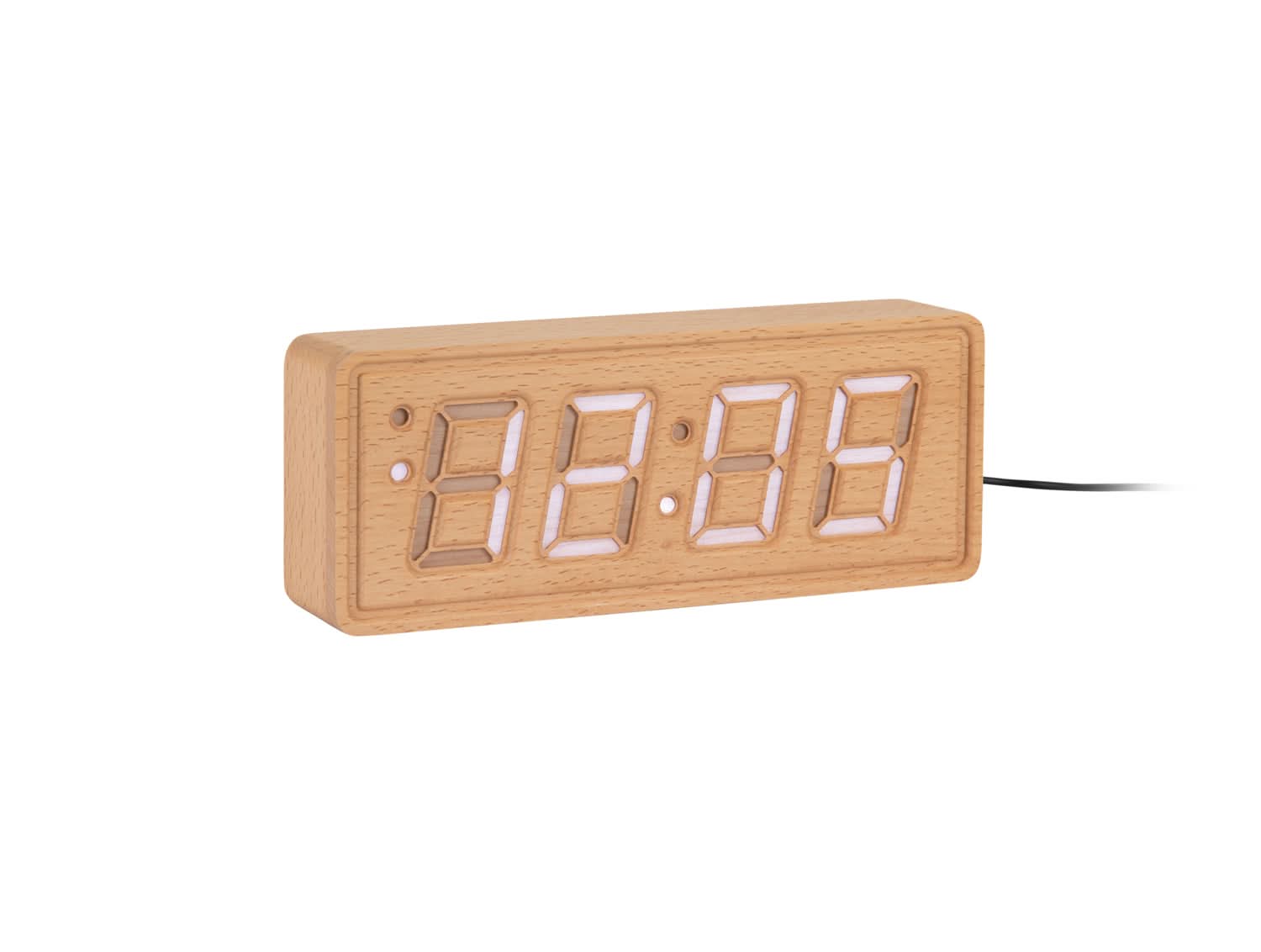 Réveil en bois avec affichage de l'heure à LED et chiffres gravés, bois brun clair
