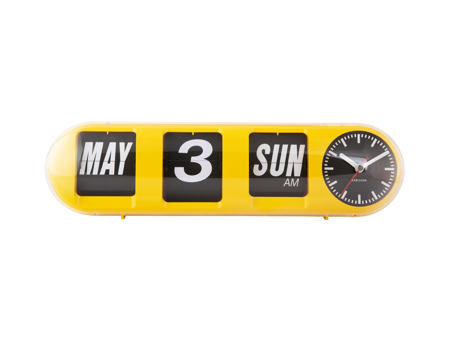Horloge murale jaune avec chiffres à bascule et cadran analogique rond