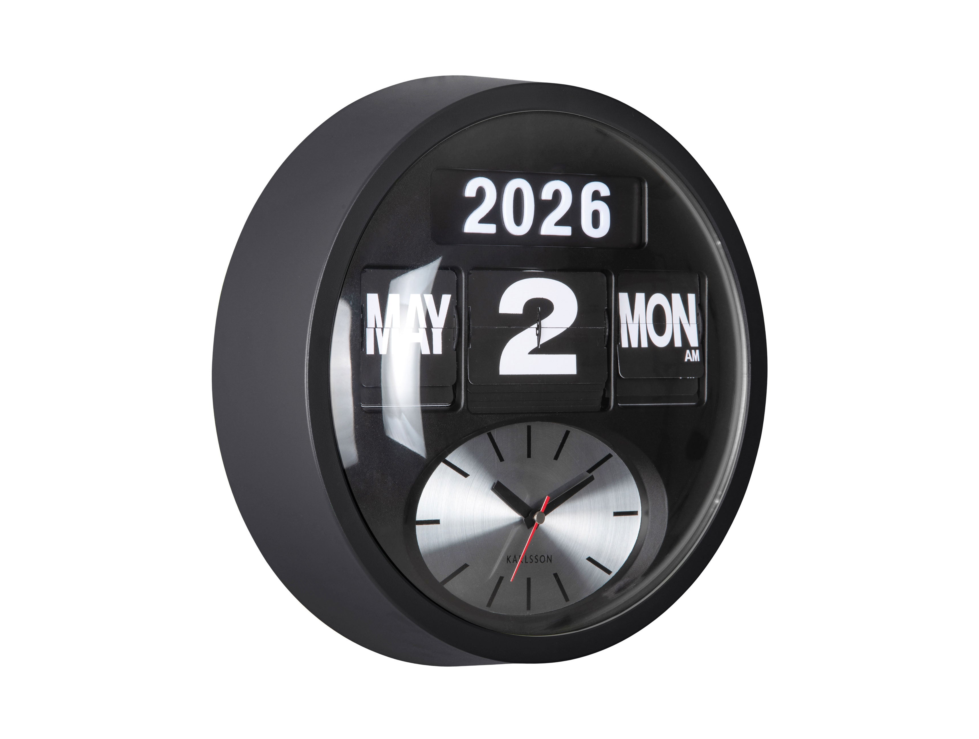 Horloge murale noire avec chiffres rabattables, cadran analogique et affichage de la date 2026/2