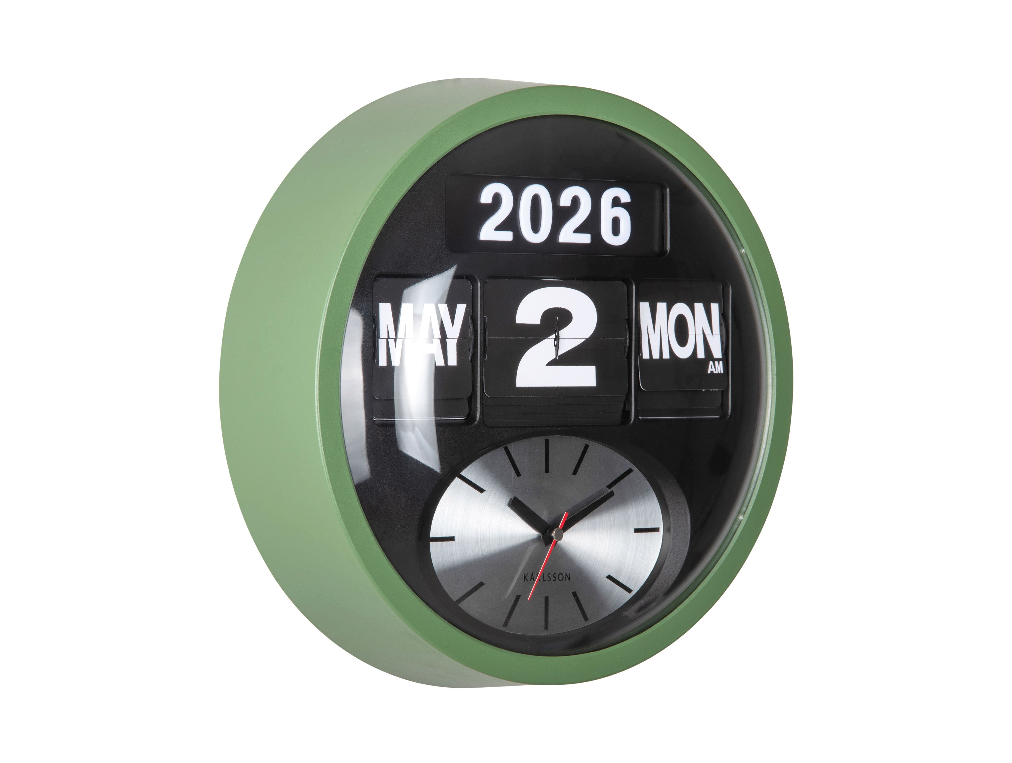 Horloge murale ronde avec bordure verte, affichage de la date à chiffres basculants et aiguilles des heures