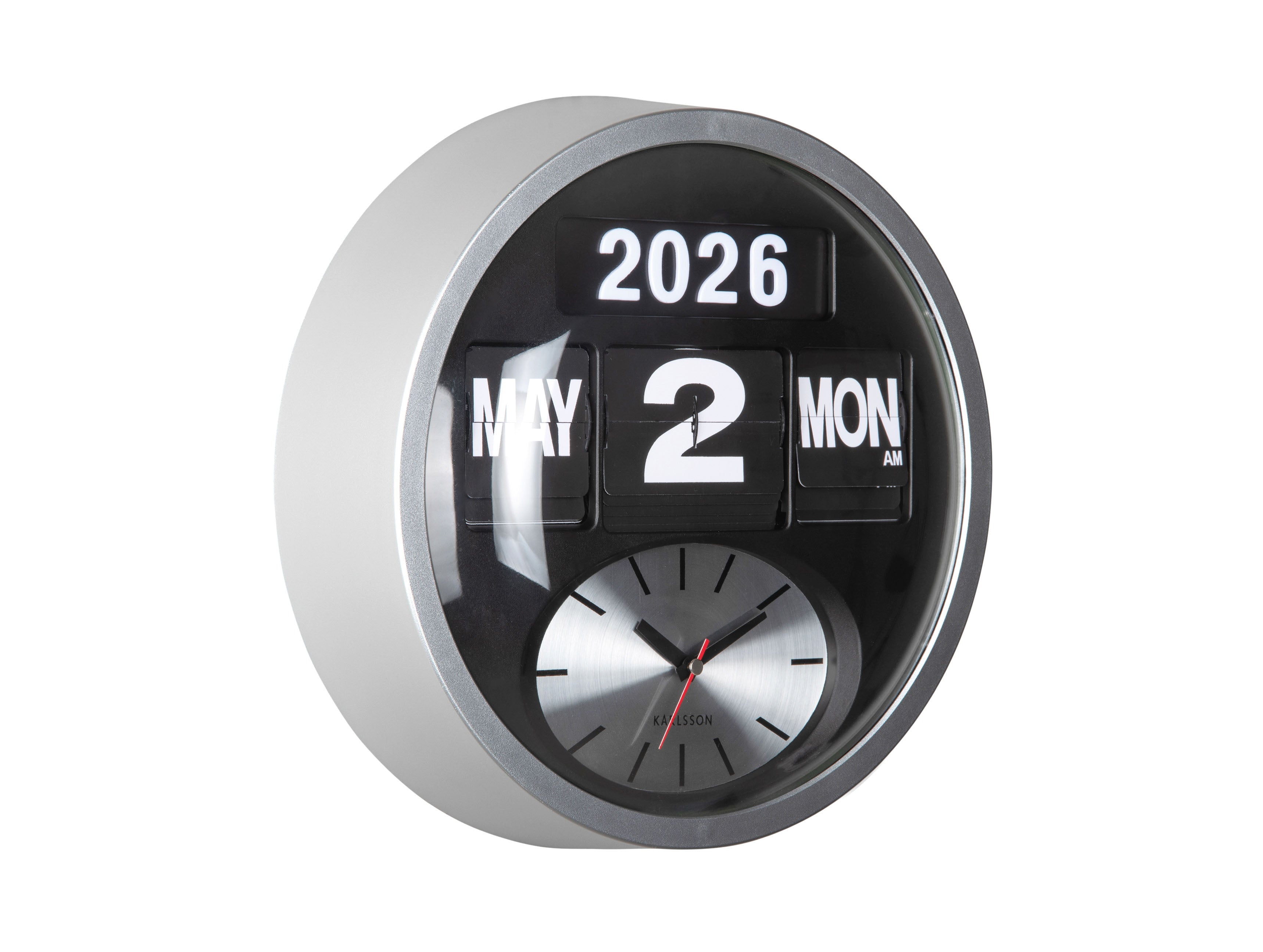 Horloge murale ronde avec cadre argenté, calendrier à rabat (2026/2), cadran analogique