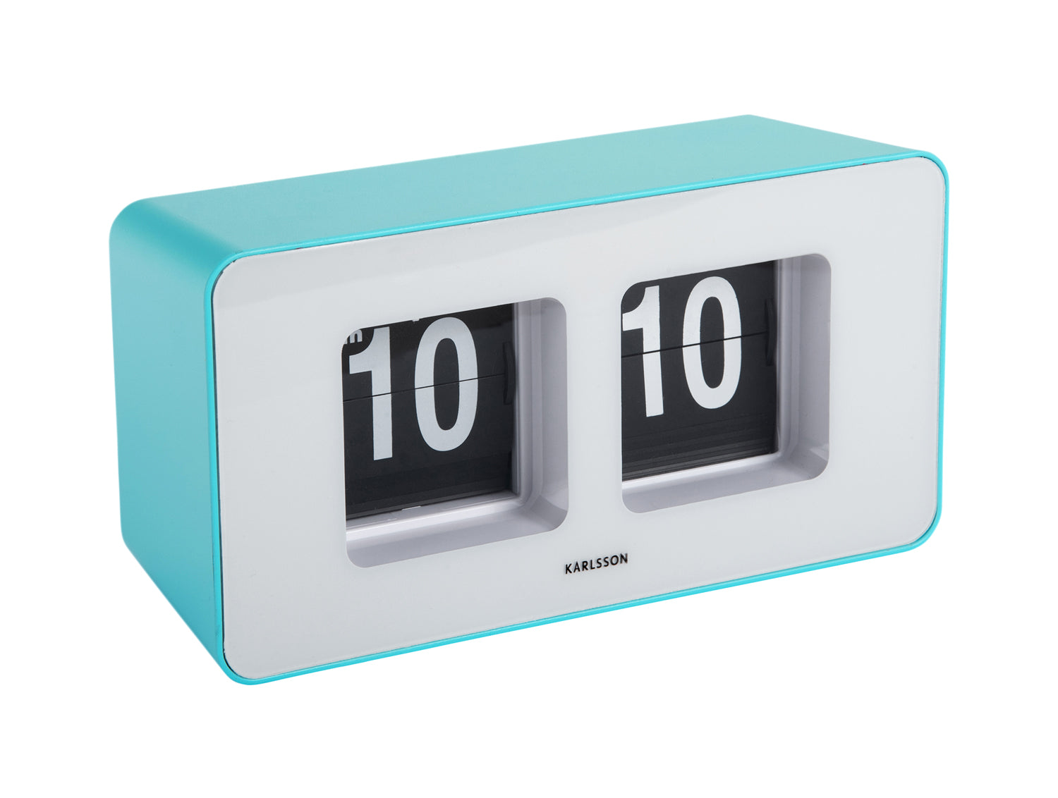 Horloge murale Karlsson Funky Flip à chiffres basculants, bleu turquoise avec panneaux avant blancs et 10