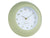 Horloge murale verte, légèrement inclinée : bord nervuré, cadran blanc, aiguilles dorées