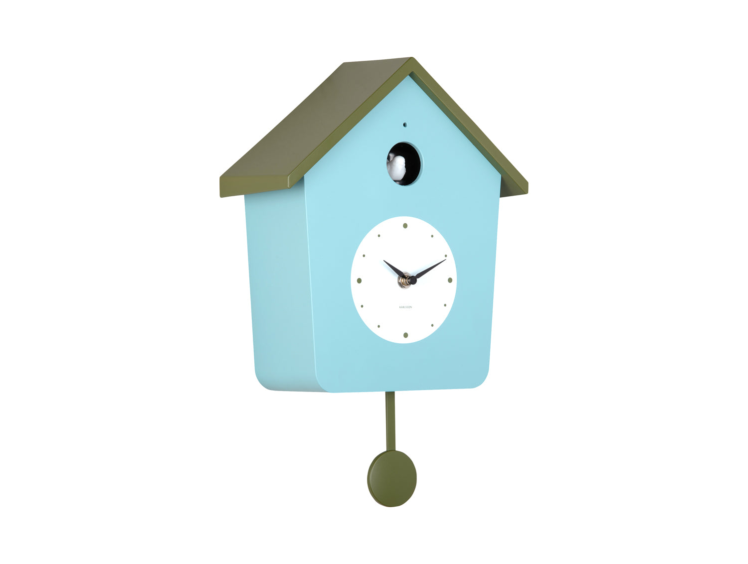 Maisonnette de coucou murale bleue avec oiseau, cadran blanc et balancier vert