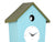 Horloge murale maison d'oiseau avec boîtier bleu, toit marron et ouverture d'entrée