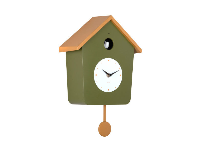 Horloge murale coucou design maison, verte avec toit beige et balancier marron