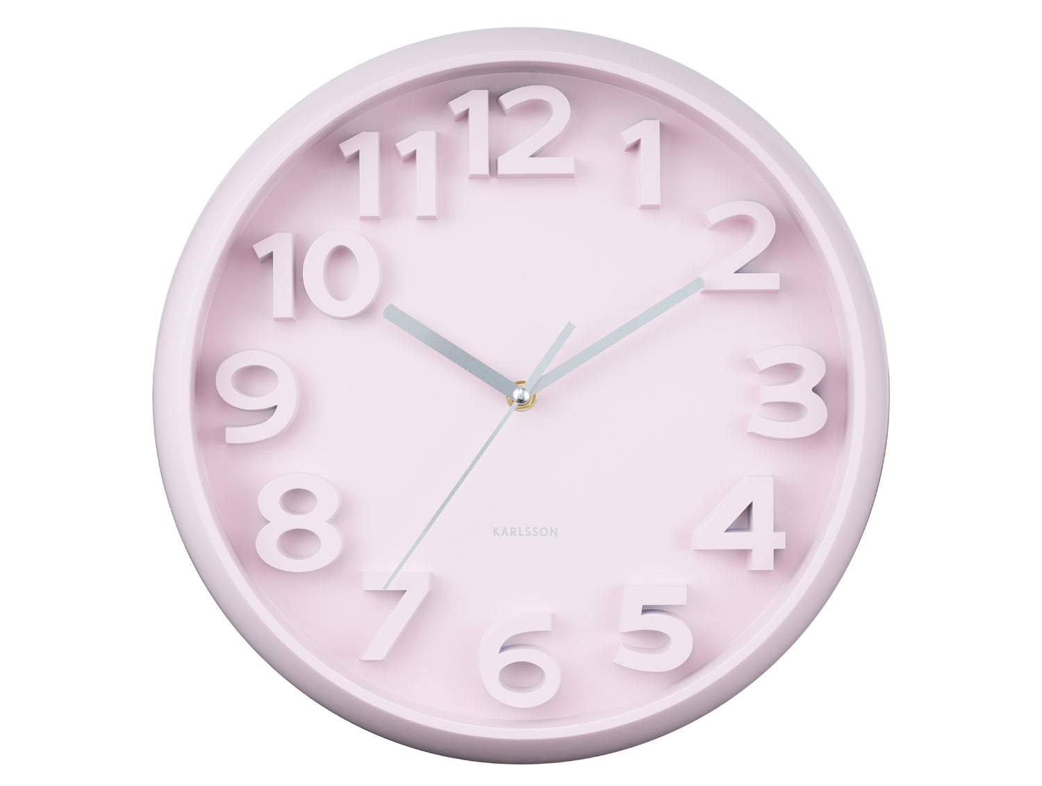 Horloge murale avec boîtier rose pâle, chiffres arabes et deux aiguilles