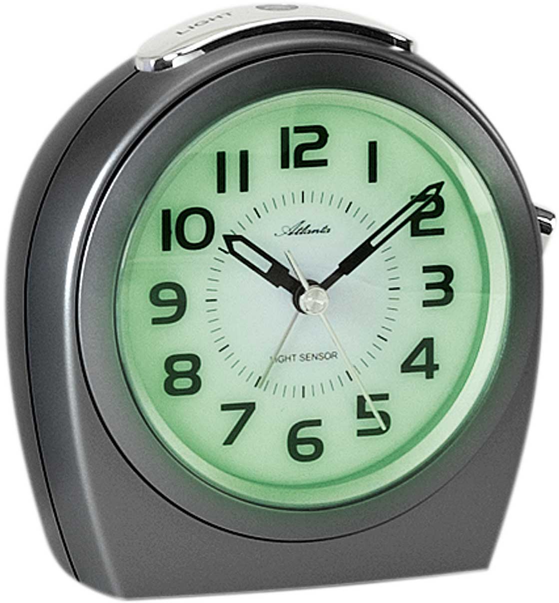 Réveil analogique gris avec cadran vert et aiguilles noires dans un boîtier rond