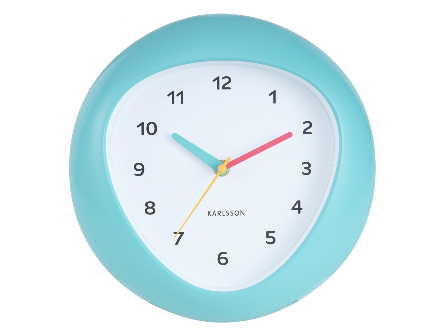Horloge murale ronde bleu turquoise avec cadran blanc et trotteuse multicolore