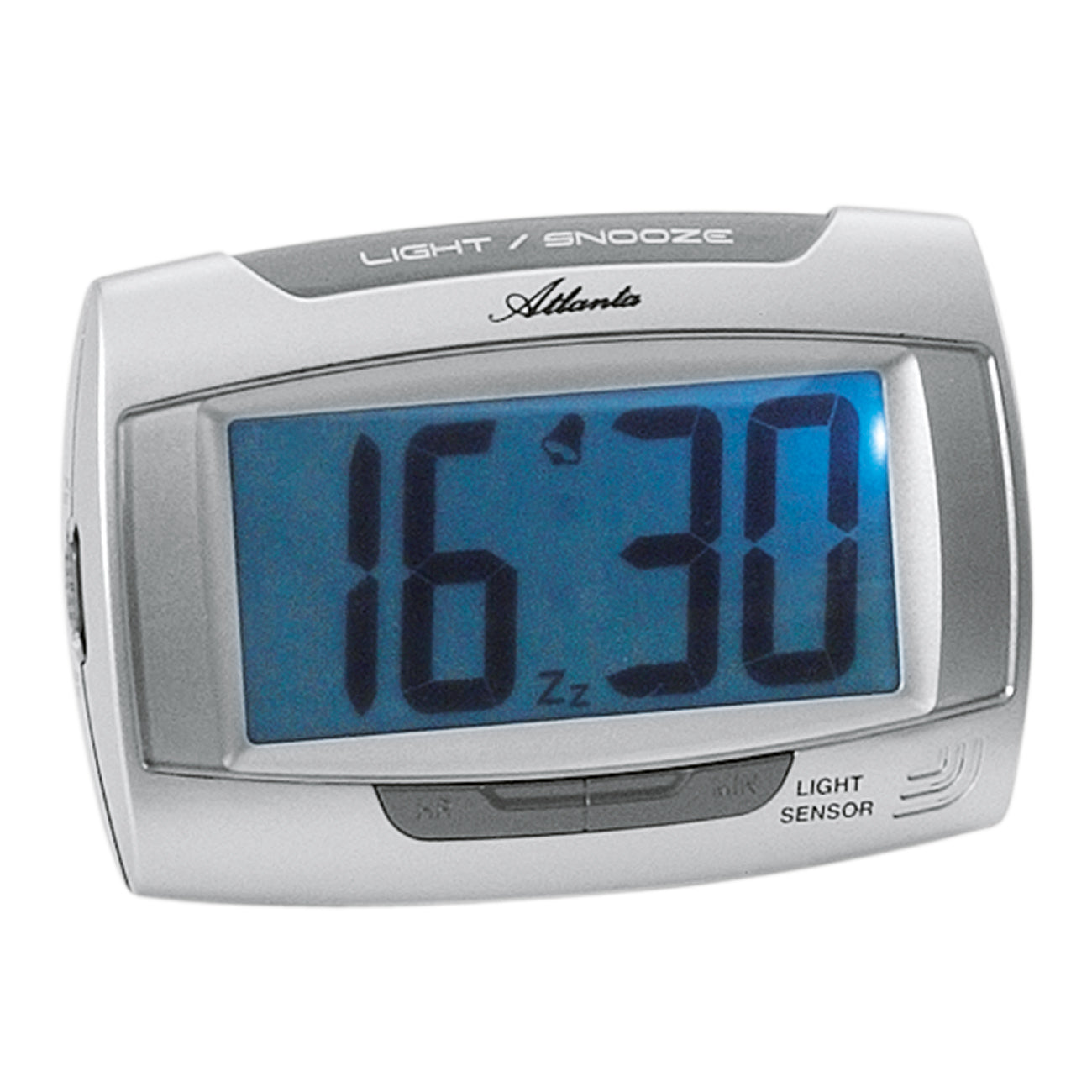 Réveil numérique argenté avec écran bleu et indicateur lumineux/snooze