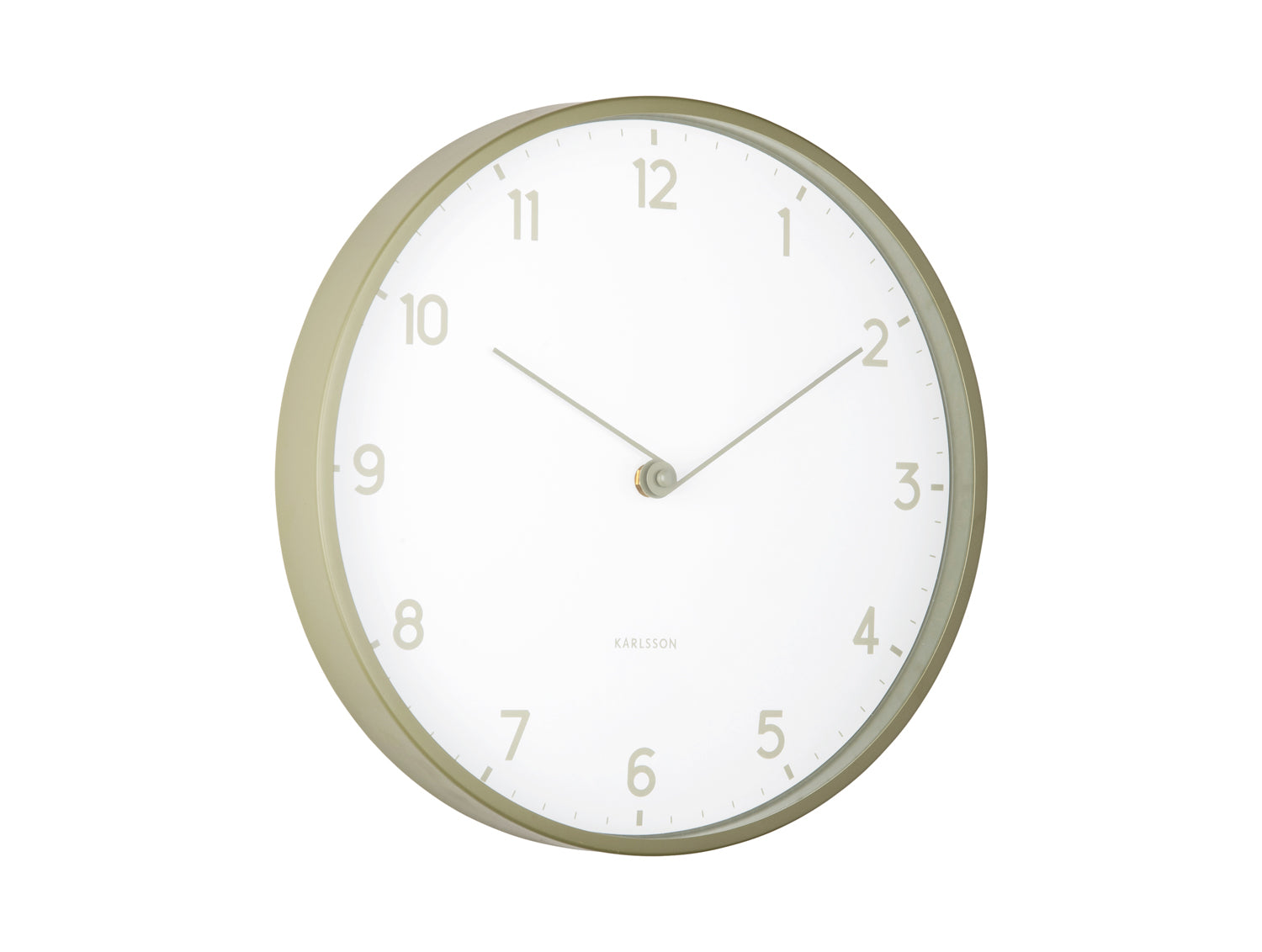 Horloge murale ronde avec bordure vert clair, cadran blanc et aiguilles vertes