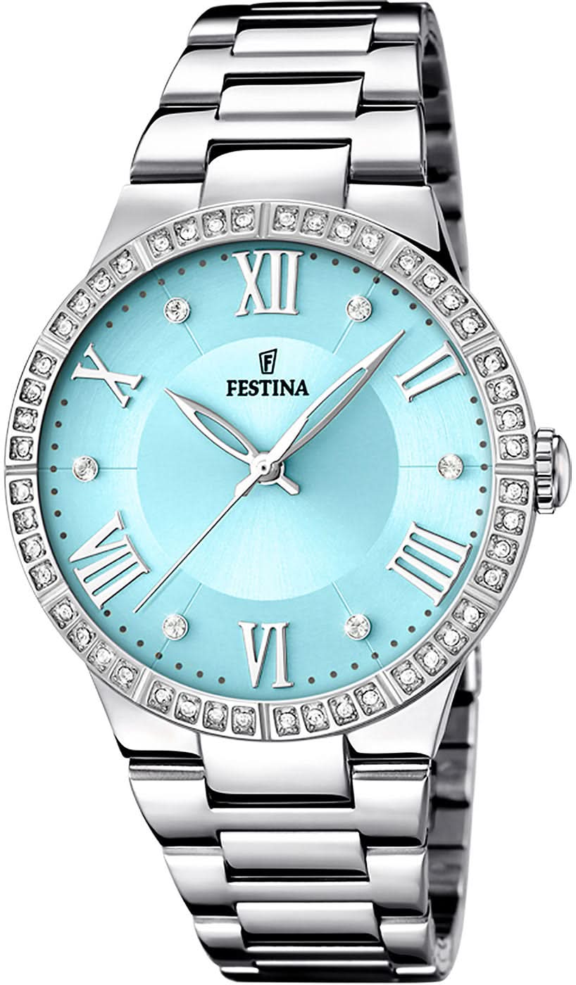 Montre Festina pour femme avec cadran bleu, chiffres romains, lunette ornée de pierres scintillantes et bracelet en acier inoxydable