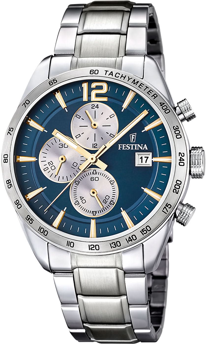 Montre chronographe pour homme avec cadran bleu, compteurs de chronomètre et bracelet en acier inoxydable