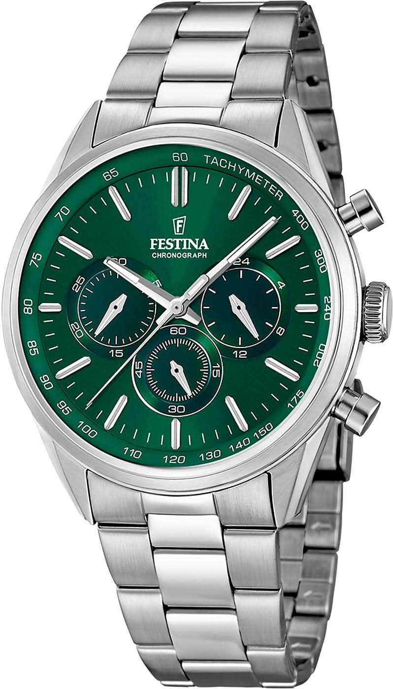 Montre chronographe Festina pour homme avec cadran vert, tachymètre et bracelet en acier inoxydable