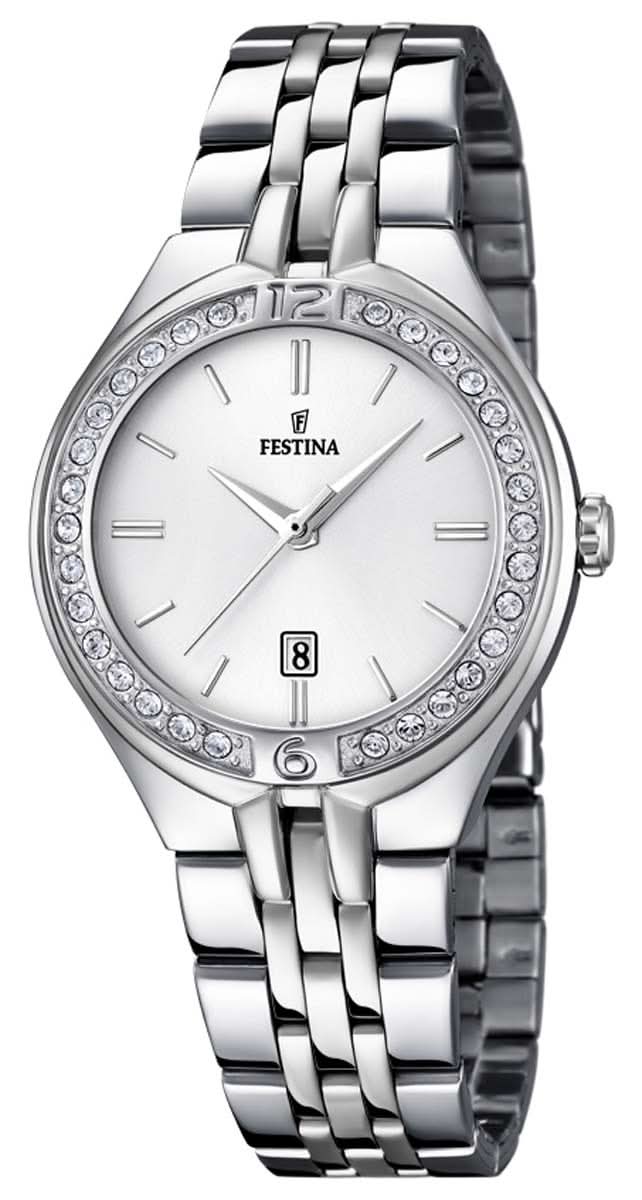 Montre pour femme avec bracelet en acier inoxydable, cadran blanc, lunette sertie de pierres et guichet date
