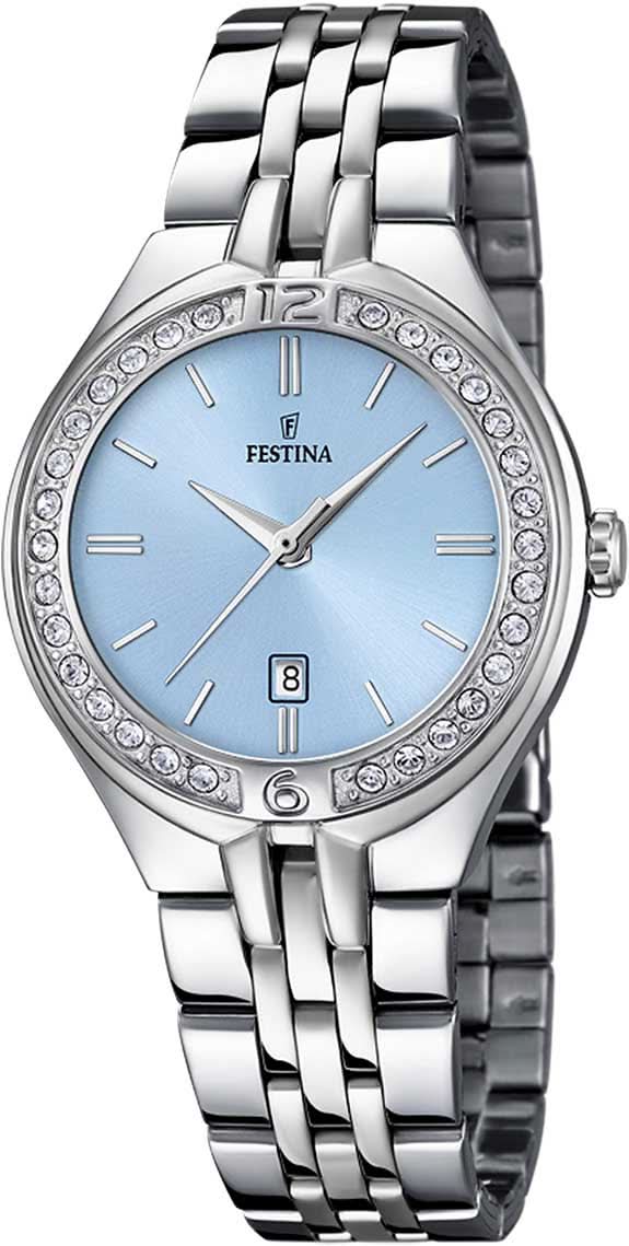 Montre pour femme avec cadran bleu clair, lunette en zircone cubique et bracelet en acier inoxydable