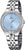 Montre pour femme avec cadran bleu clair, lunette en zircone cubique et bracelet en acier inoxydable