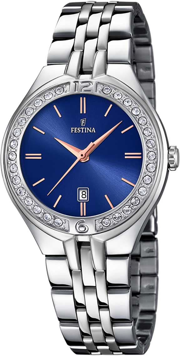 Montre pour femme avec cadran bleu, bracelet et lunette en acier inoxydable ornés de strass