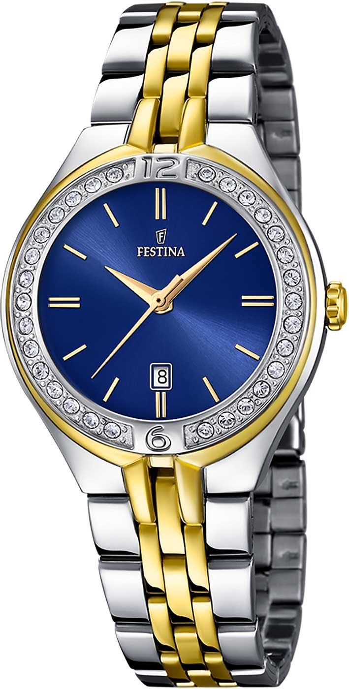 Montre pour femme avec cadran bleu, accents dorés et bracelet en acier inoxydable