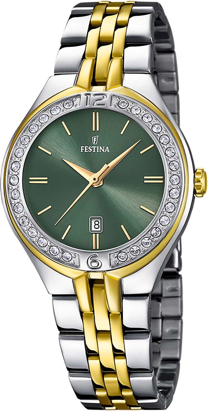 Montre pour femme avec cadran vert, bracelet en acier inoxydable argenté/doré, lunette sertie de pierres