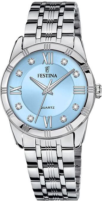 Montre pour femme avec bracelet en acier inoxydable argenté, cadran bleu clair avec chiffres romains et logo Festina