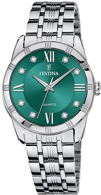 Montre pour femme avec cadran vert, chiffres romains et cristaux, bracelet en acier inoxydable