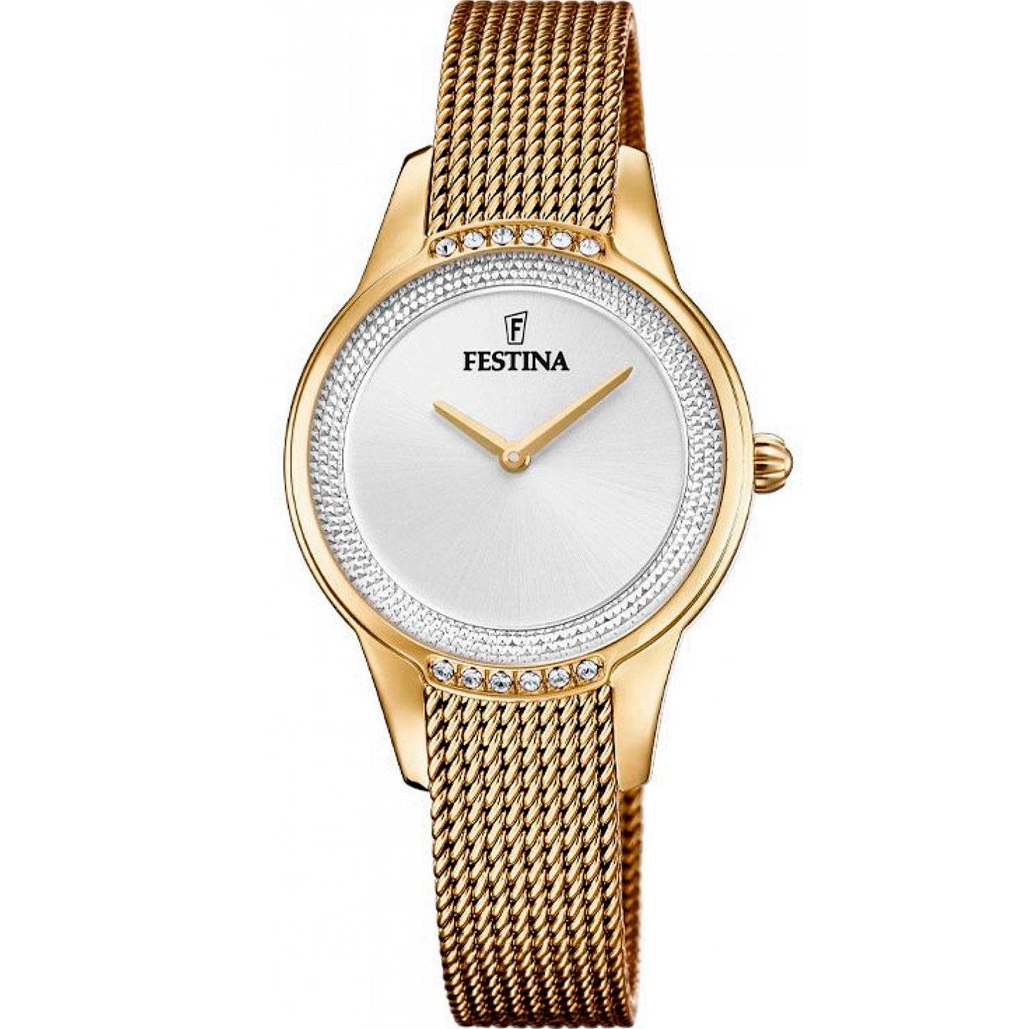 Festina Mademoiselle Damenuhr mit goldfarbenem Metallarmband, runder Zirkonia-Lünette