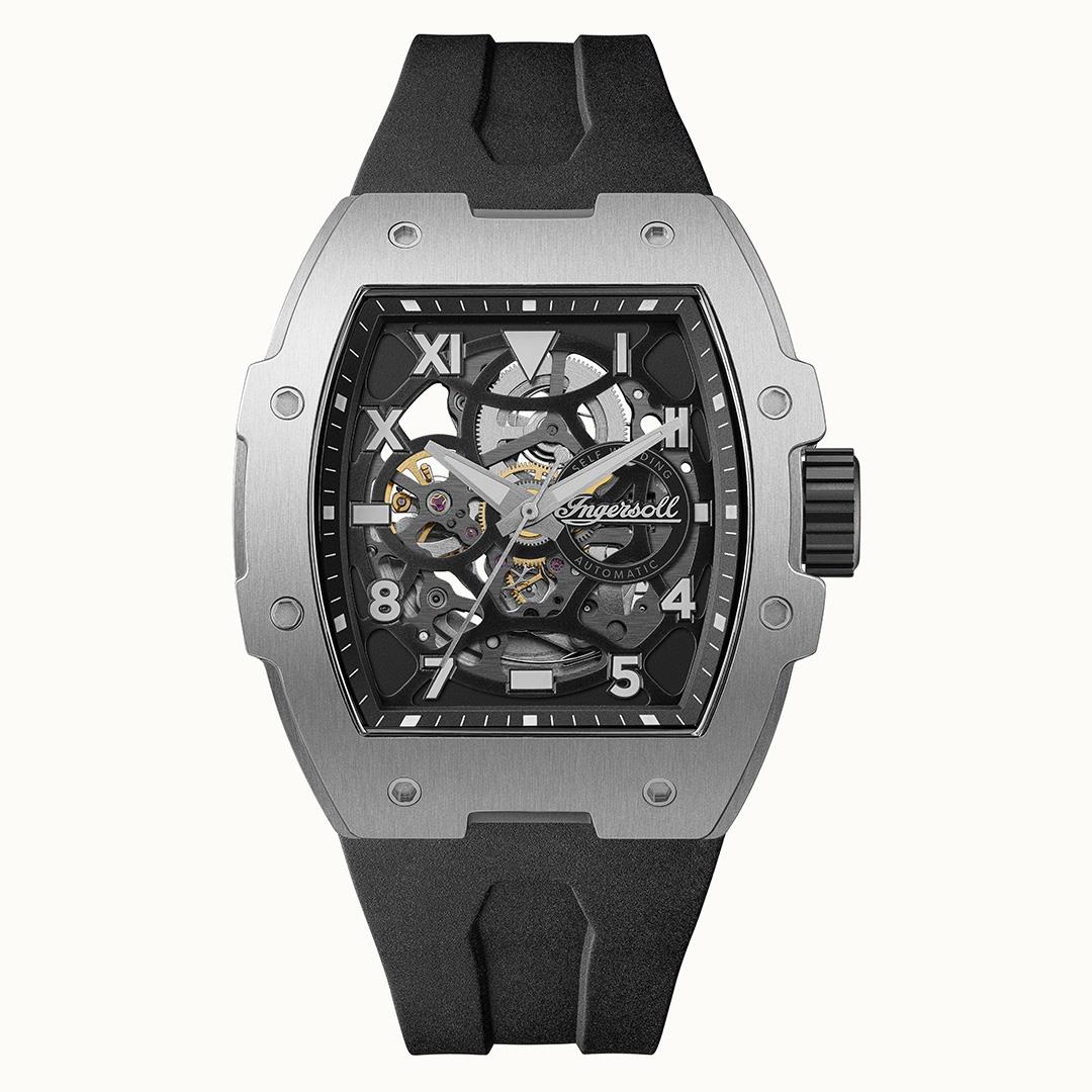 Herrenuhr mit Skelettzifferblatt, silberfarbener Lünette und schwarzem Lederarmband