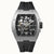Herrenuhr mit Skelettzifferblatt, silberfarbener Lünette und schwarzem Lederarmband