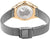 Damenuhr-Ansicht: Gehäuseboden mit Weltkarte, silbernes Mesh-Armband, goldfarbene Abdeckung