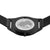 Armbanduhr-Gehäuserückseite mit Gravur und schwarzem Milanaise-Armband.