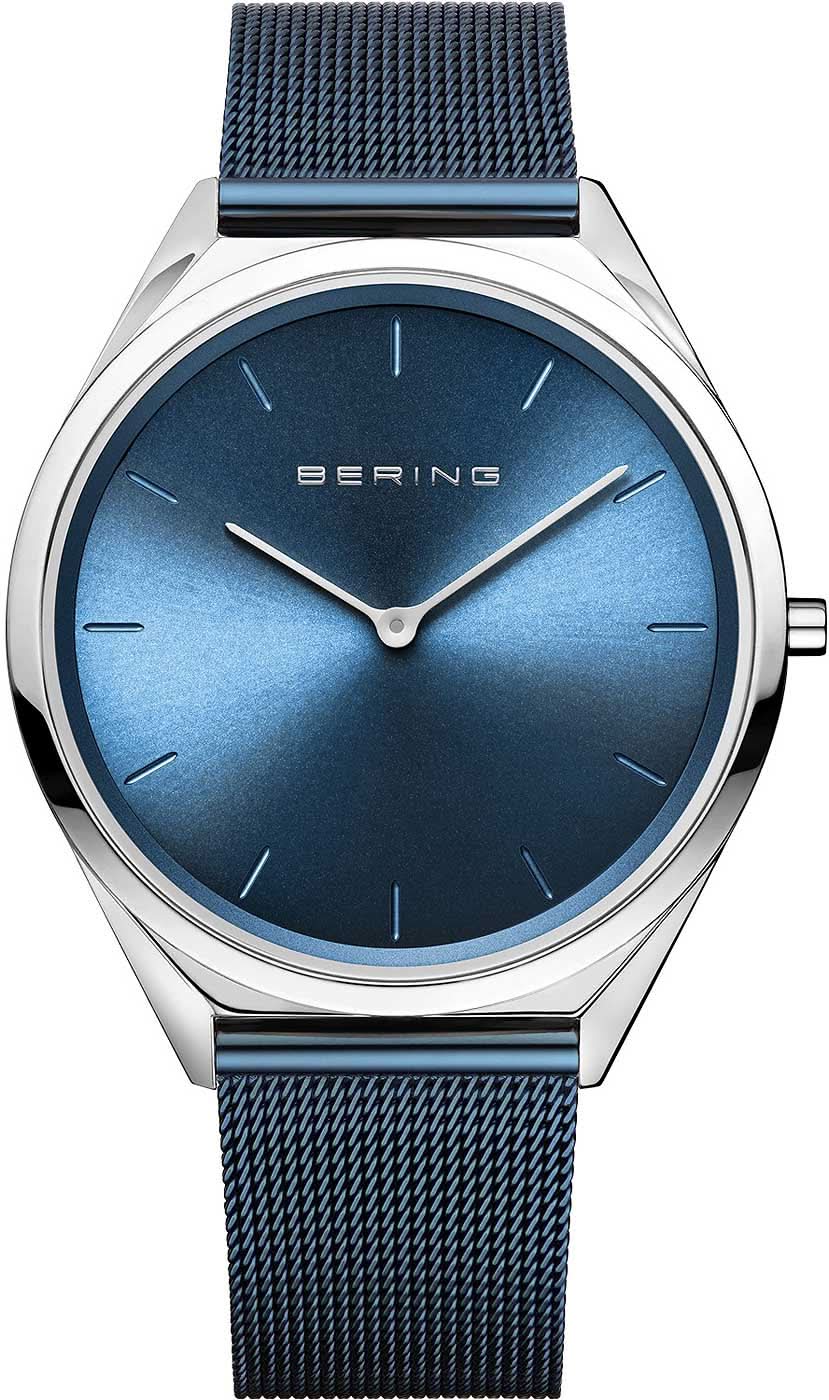Silberne Edelstahl-Armbanduhr mit blauem Milanaiseband und blauem Zifferblatt