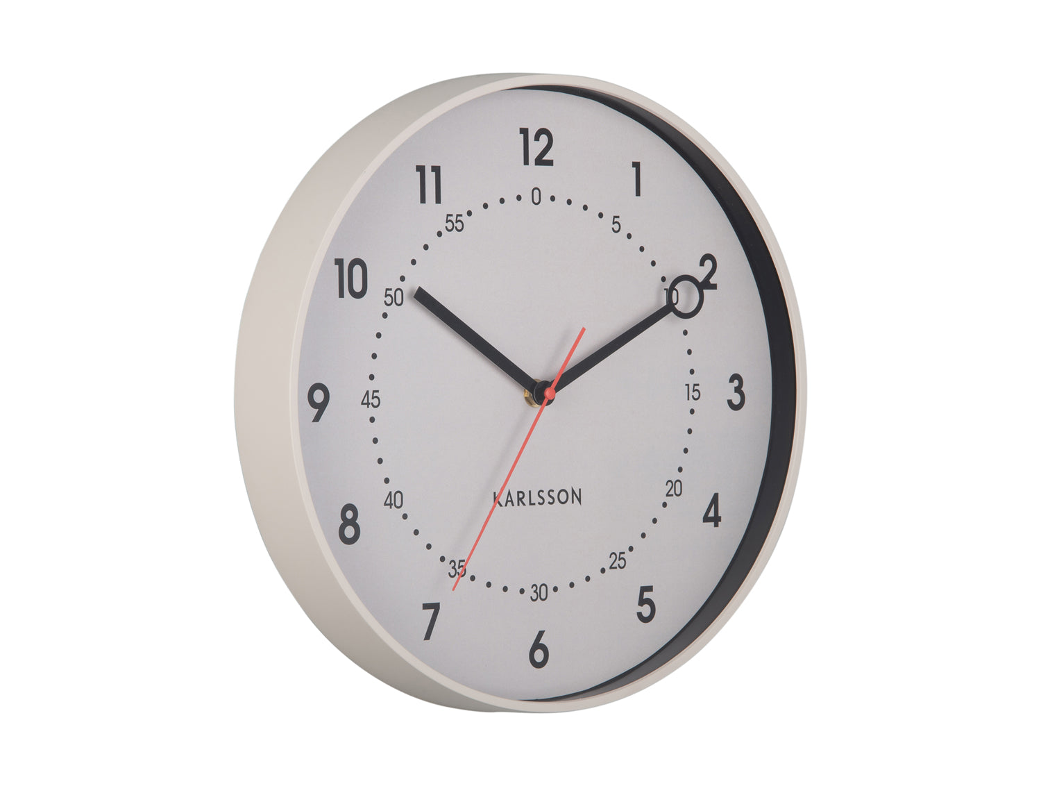 Horloge murale ronde gris chaud avec aiguilles noires, trotteuse rouge et chiffres 1–12