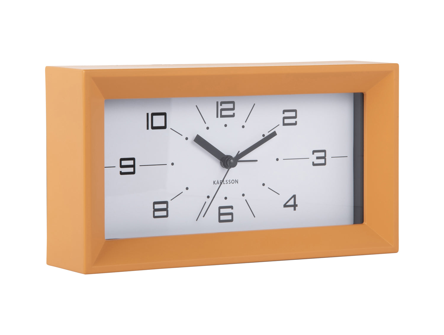 Réveil rectangulaire avec cadre ocre et cadran analogique