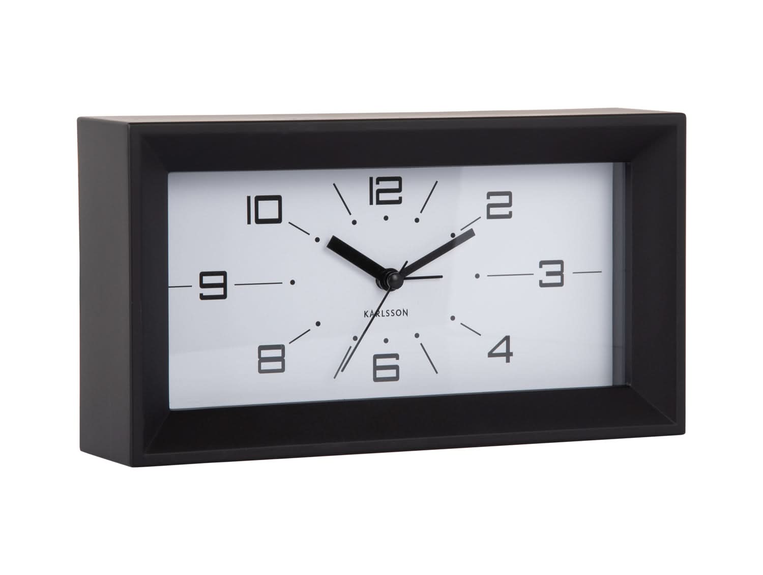 Réveil rectangulaire avec cadre noir, cadran blanc et aiguilles noires