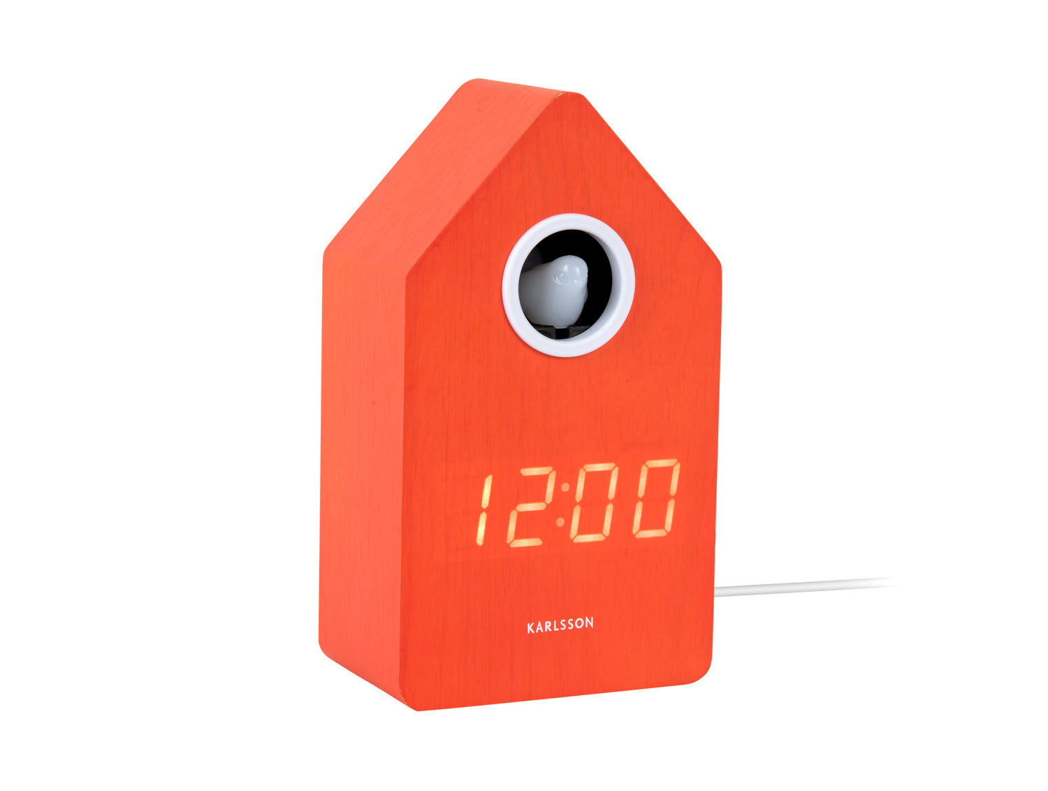 Coucou LED dans une maisonnette en bois orange avec chiffres lumineux 12:00
