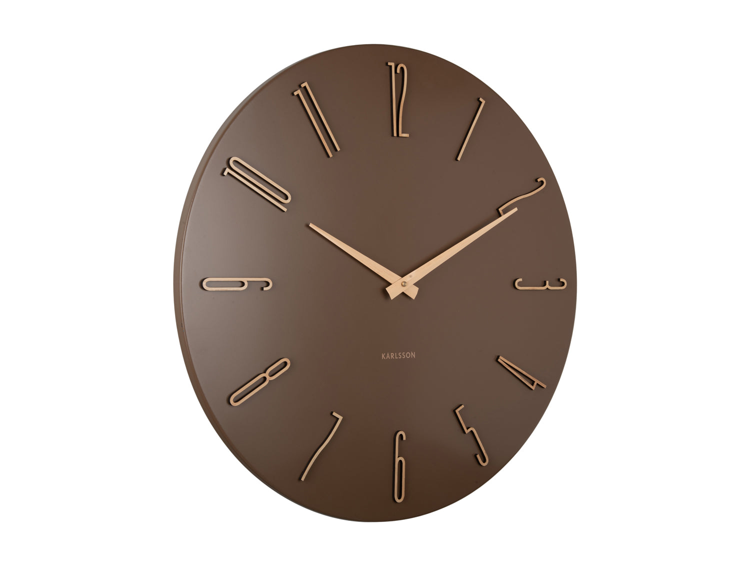 Horloge murale avec cadran brun moka, aiguilles dorées et index fins