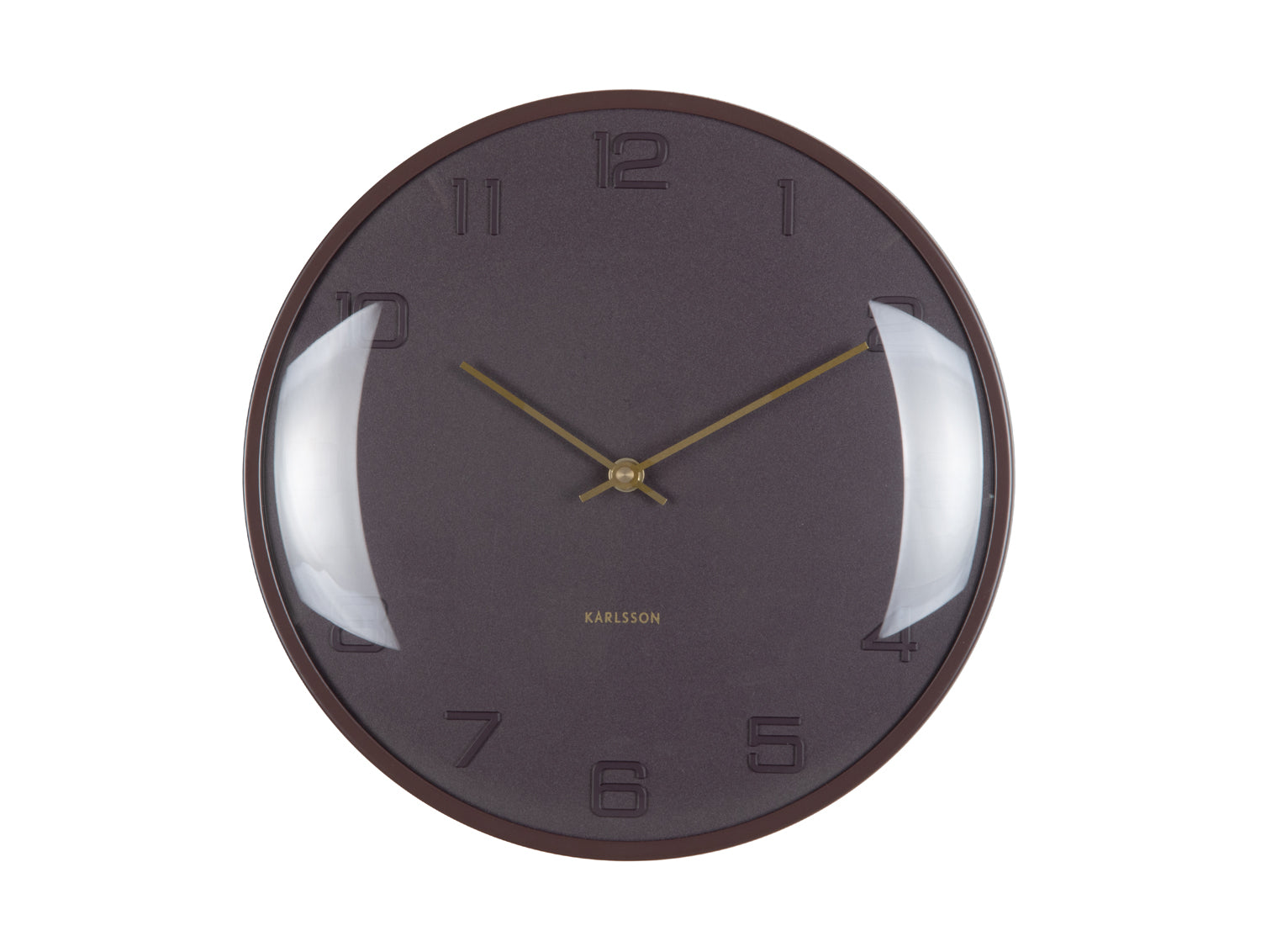 Horloge murale ronde avec cadre marron, cadran violet foncé et aiguilles dorées