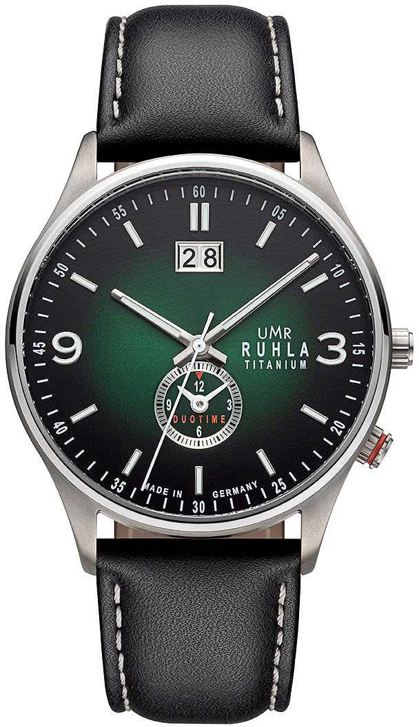 Bracelet avec bracelet en cuir noir et cadran noir, accent vert, date 28