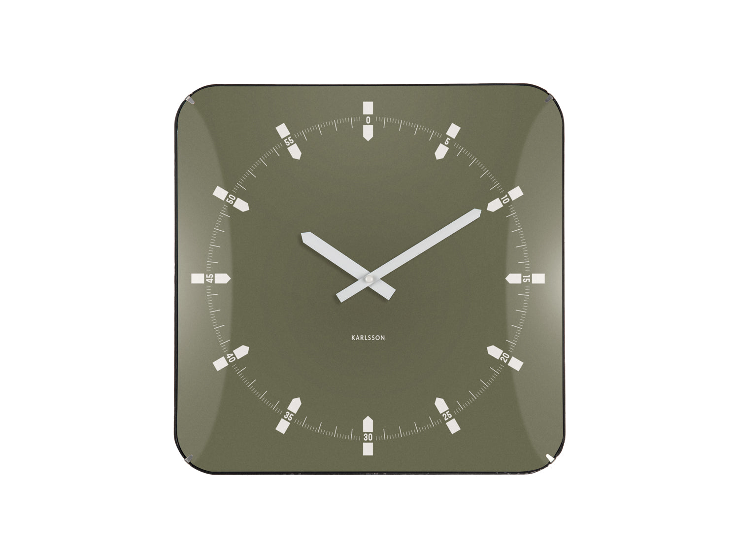 Horloge murale carrée avec cadran vert, aiguilles blanches et index bâtons
